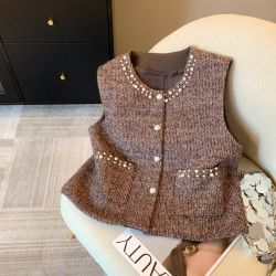 專櫃撤廻剪標小香風釘珠馬甲外套女秋冬季高級感別致顯瘦外穿上衣