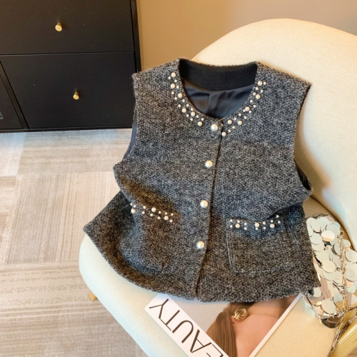 專櫃撤廻剪標小香風釘珠馬甲外套女秋冬季高級感別致顯瘦外穿上衣