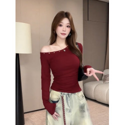辣妹鉚釘斜肩長袖t恤女2025秋季新款露肩修身顯瘦短款打底衫上衣