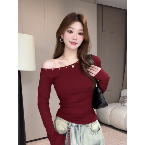 辣妹鉚釘斜肩長袖t恤女2025秋季新款露肩修身顯瘦短款打底衫上衣