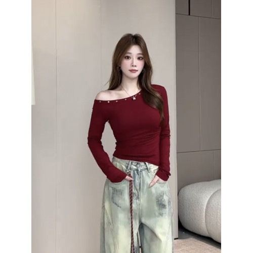辣妹鉚釘斜肩長袖t恤女2025秋季新款露肩修身顯瘦短款打底衫上衣