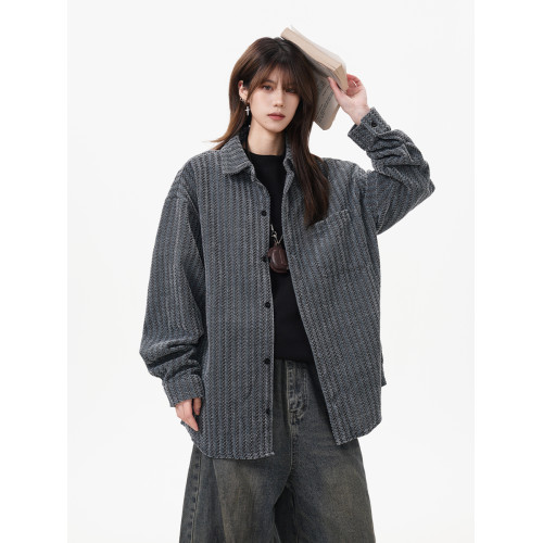 重磅雪尼爾休閒襯衫女男冬季潮牌魚骨紋寬鬆長袖襯衣加厚POLO外套