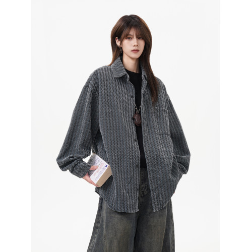 重磅雪尼爾休閒襯衫女男冬季潮牌魚骨紋寬鬆長袖襯衣加厚POLO外套