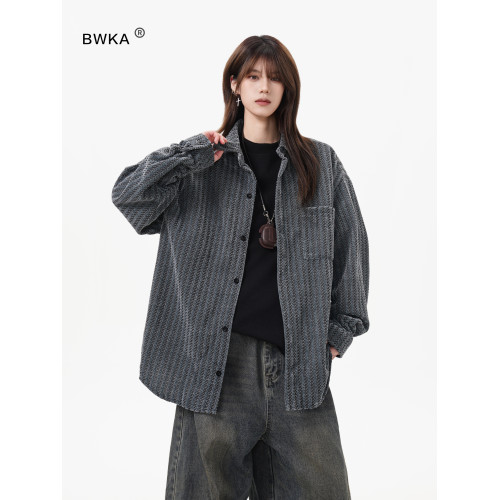 重磅雪尼爾休閒襯衫女男冬季潮牌魚骨紋寬鬆長袖襯衣加厚POLO外套