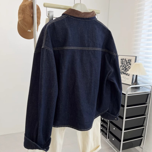 牛X貨 巨炸裂！復古深藍色繙領牛仔外套女寬鬆百搭工裝夾克上衣