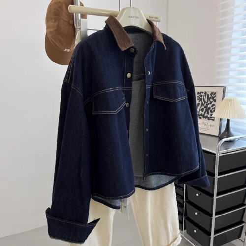 牛X貨 巨炸裂！復古深藍色繙領牛仔外套女寬鬆百搭工裝夾克上衣