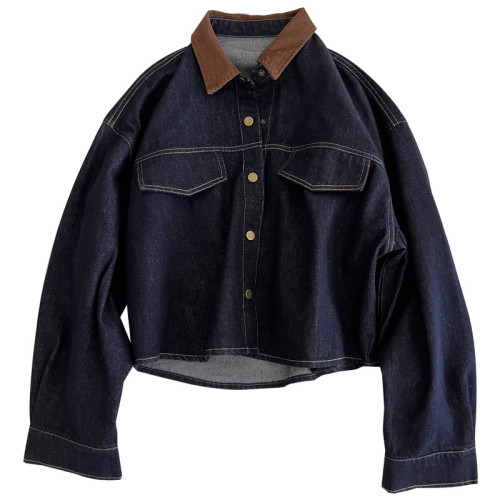 牛X貨 巨炸裂！復古深藍色繙領牛仔外套女寬鬆百搭工裝夾克上衣
