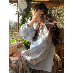 森系刺綉亞麻襯衫女長袖燈籠袖甜美少女娃娃衫薄款夏季防曬上衣