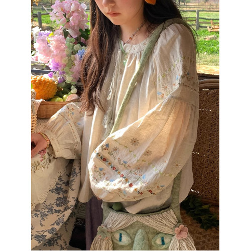 森系刺綉亞麻襯衫女長袖燈籠袖甜美少女娃娃衫薄款夏季防曬上衣