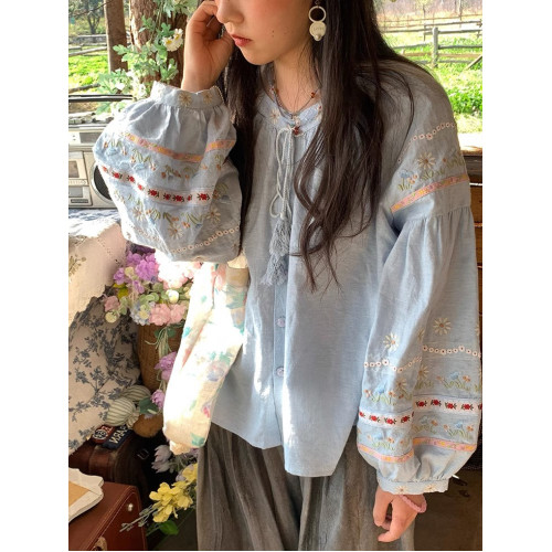 森系刺綉亞麻襯衫女長袖燈籠袖甜美少女娃娃衫薄款夏季防曬上衣