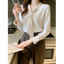 法式杏色雪紡長袖飄帶襯衫女職業輕熟氣質V領設計感小衆通勤上衣