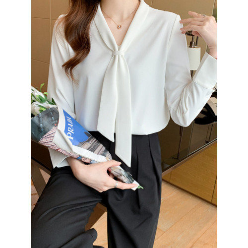 法式杏色雪紡長袖飄帶襯衫女職業輕熟氣質V領設計感小衆通勤上衣