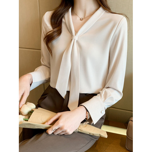法式杏色雪紡長袖飄帶襯衫女職業輕熟氣質V領設計感小衆通勤上衣