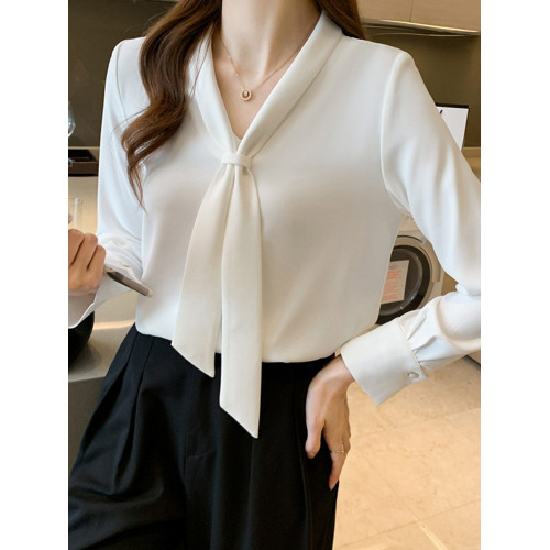 法式杏色雪紡長袖飄帶襯衫女職業輕熟氣質V領設計感小衆通勤上衣