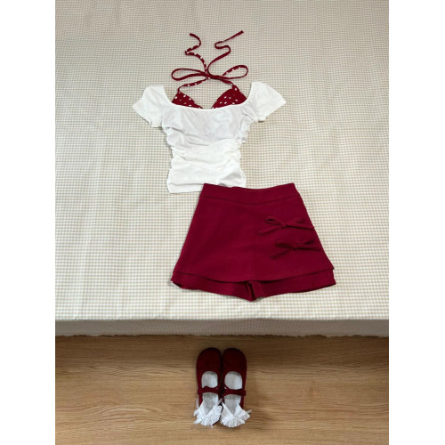 甜心辣妹假兩件波點綁帶上衣！夏季新款甜辣girl俏皮時髦減齡套裝