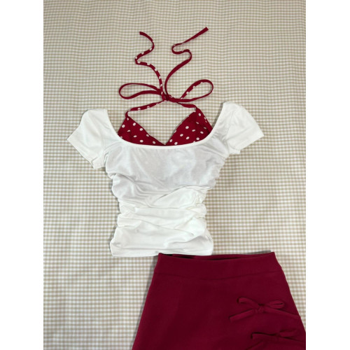 甜心辣妹假兩件波點綁帶上衣！夏季新款甜辣girl俏皮時髦減齡套裝