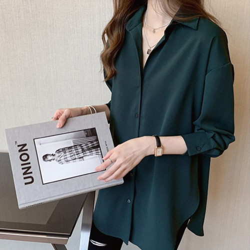 mm寬鬆中長款上衣遮肉打底襯衣大碼職業裝長袖雪紡襯衫女春秋裝胖