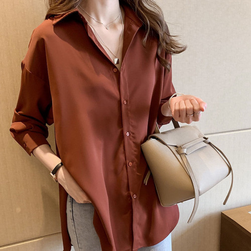 mm寬鬆中長款上衣遮肉打底襯衣大碼職業裝長袖雪紡襯衫女春秋裝胖
