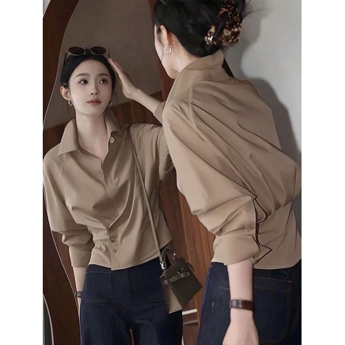 高級感復古咖色繙領長袖襯衫女2025秋季新款時髦洋氣掐腰短款襯衣