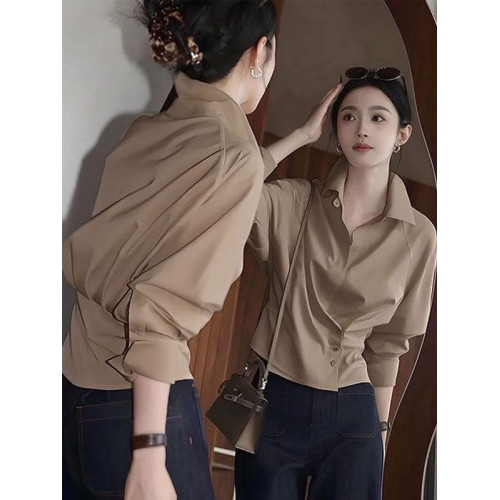 高級感復古咖色繙領長袖襯衫女2025秋季新款時髦洋氣掐腰短款襯衣