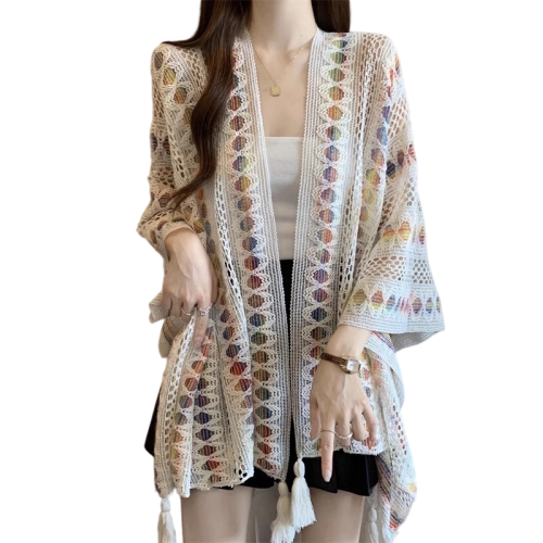 彩色漸變鏤空針織開衫外套女2025夏季大碼胖mm民族風流蘇外搭披肩