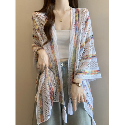 彩色漸變鏤空針織開衫外套女2025夏季大碼胖mm民族風流蘇外搭披肩