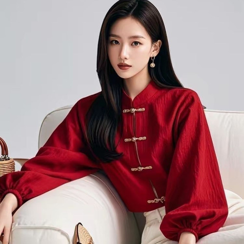 新中式國風紅色燈籠袖盤釦襯衫女春秋季2025年氣質小衫