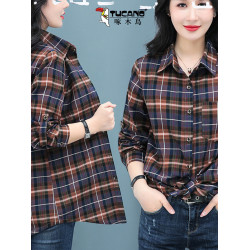 啄木鳥春秋中長款格子純棉襯衫女士新款大碼襯衣外套洋氣寬鬆上衣