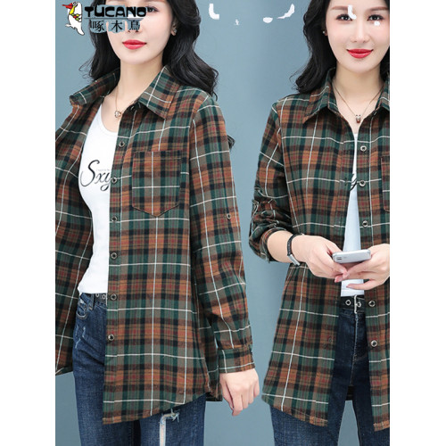 啄木鳥春秋中長款格子純棉襯衫女士新款大碼襯衣外套洋氣寬鬆上衣
