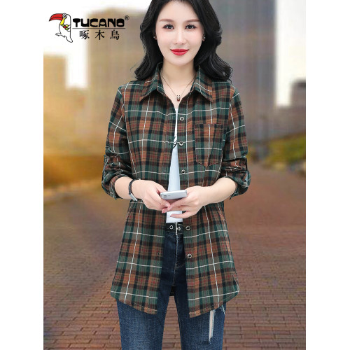 啄木鳥春秋中長款格子純棉襯衫女士新款大碼襯衣外套洋氣寬鬆上衣