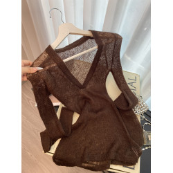 復古咖色V領針織防曬罩衫女夏季新款高級感松弛老錢百搭長袖上衣