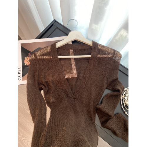 復古咖色V領針織防曬罩衫女夏季新款高級感松弛老錢百搭長袖上衣