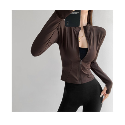 運動跑步修身長袖速乾瑜珈服上衣春秋季緊身拼縫收腰健身立領開衫