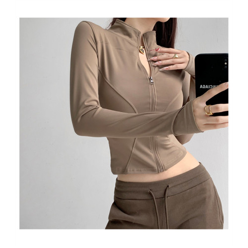 運動跑步修身長袖速乾瑜珈服上衣春秋季緊身拼縫收腰健身立領開衫