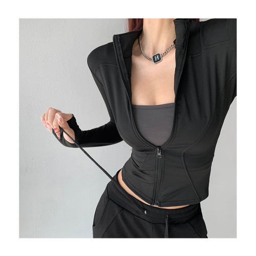 運動跑步修身長袖速乾瑜珈服上衣春秋季緊身拼縫收腰健身立領開衫