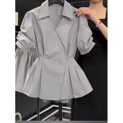 高級感泡泡袖收腰顯瘦襯衫女短袖夏季新款氣質甜美上衣獨特小衫潮