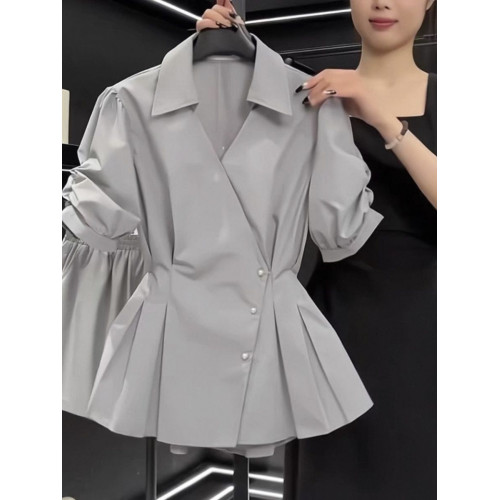 高級感泡泡袖收腰顯瘦襯衫女短袖夏季新款氣質甜美上衣獨特小衫潮