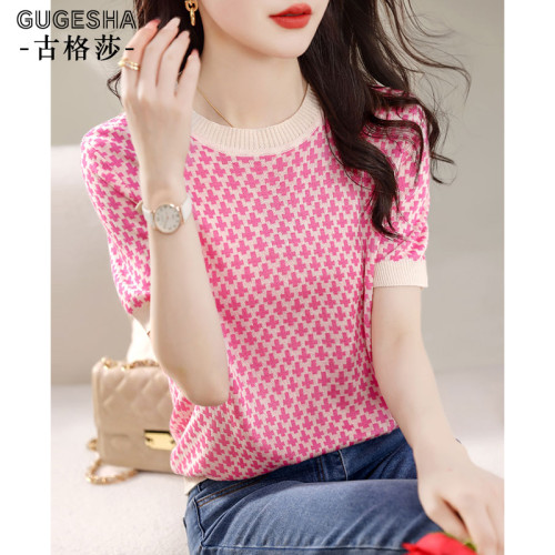 小香風粉色短袖針織T恤女夏季韓版甜美淑女撞色顯瘦洋氣百搭上衣