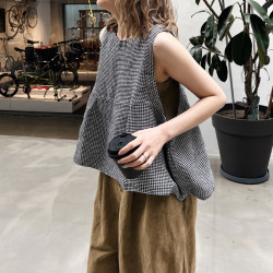 春夏新女 韓國單 100%色織亞麻復古文藝大碼寬鬆顯瘦格子無袖背心