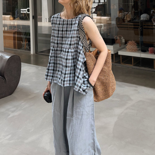 春夏新女 韓國單 100%色織亞麻復古文藝大碼寬鬆顯瘦格子無袖背心