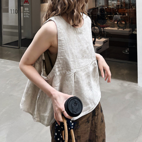 春夏新女 韓國單 100%色織亞麻復古文藝大碼寬鬆顯瘦格子無袖背心