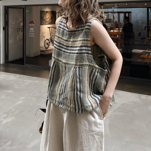 春夏新女 韓國單 100%色織亞麻復古文藝大碼寬鬆顯瘦格子無袖背心