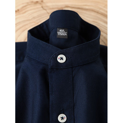 氣質復古穿搭！藏青色重磅純棉立領牛津紡長袖襯衫女時尚百搭上衣