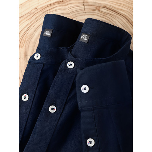 氣質復古穿搭！藏青色重磅純棉立領牛津紡長袖襯衫女時尚百搭上衣