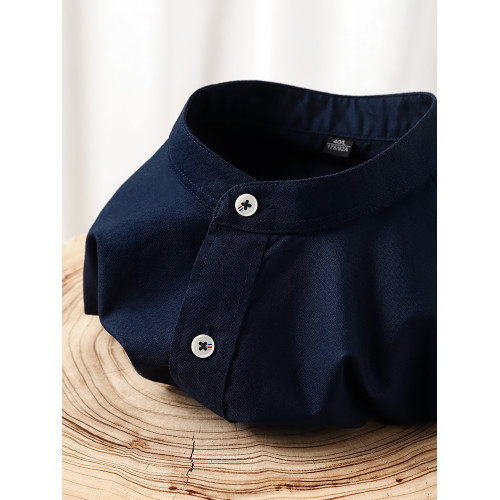 氣質復古穿搭！藏青色重磅純棉立領牛津紡長袖襯衫女時尚百搭上衣