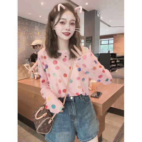 早春薄款冰絲針織衫女長袖防曬罩衫2025新款夏季寬鬆波點防曬上衣