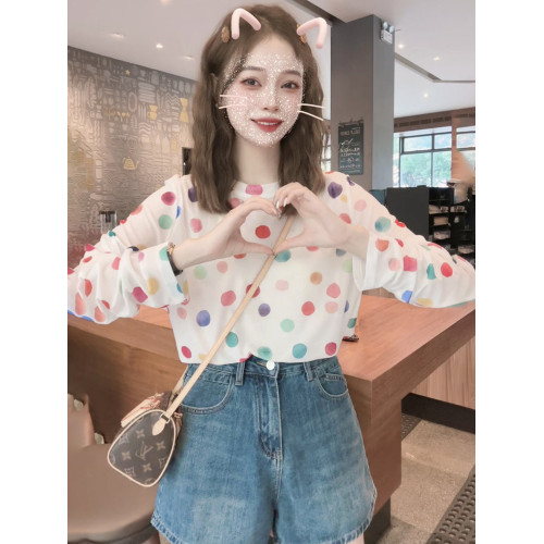 早春薄款冰絲針織衫女長袖防曬罩衫2025新款夏季寬鬆波點防曬上衣