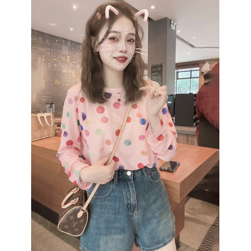 早春薄款冰絲針織衫女長袖防曬罩衫2025新款夏季寬鬆波點防曬上衣