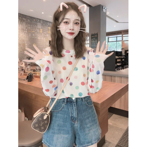 早春薄款冰絲針織衫女長袖防曬罩衫2025新款夏季寬鬆波點防曬上衣