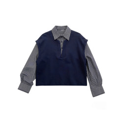 大碼假兩件條紋襯衫女長袖襯衣春季微胖mm遮肉顯瘦設計感拼接上衣